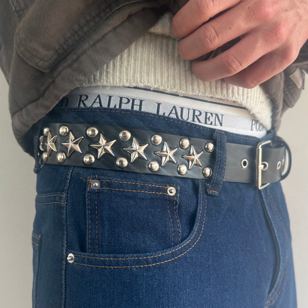Y2K Black Silver Star Studded Belt Unisex Goth Emo Style 44" Long - Picture 5 of 16